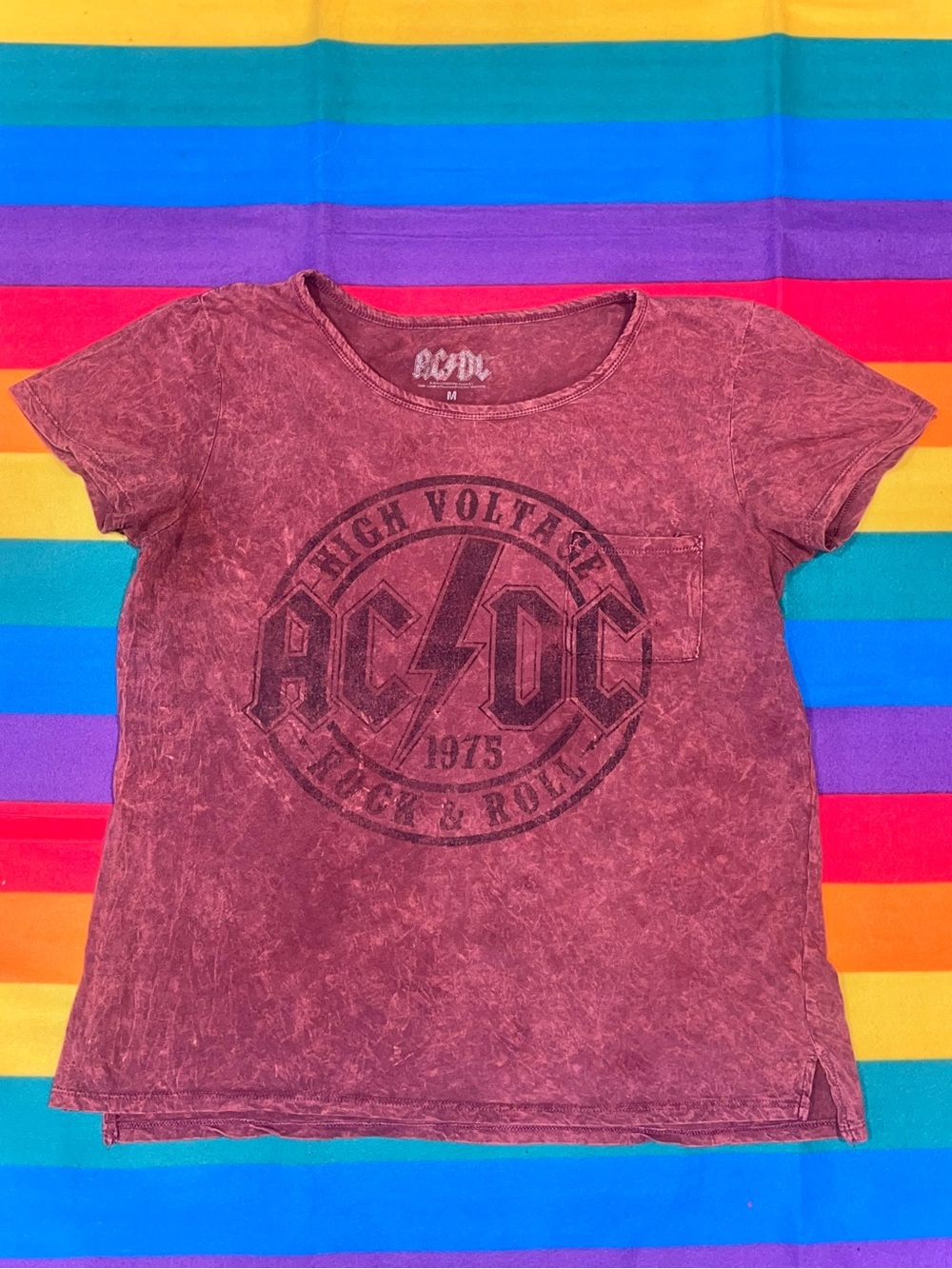 AC/DC Red Mineral Wash Vintage 1975 T-Shirt, Breast Pocket, Women’s Size M